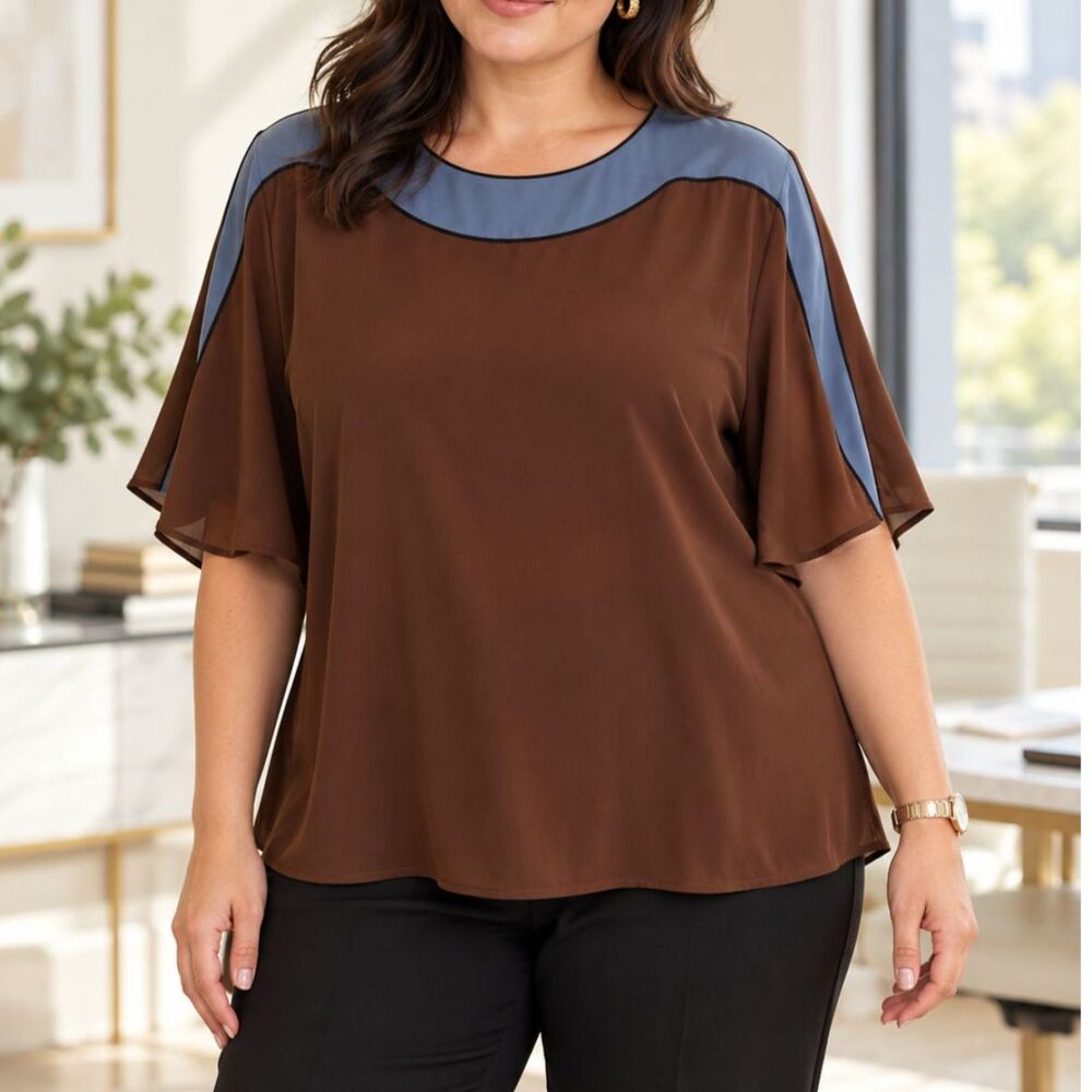 Pari Passu Women's Plus 16 Georgette Marni Top Brown Blue Luxury Blouse NWT